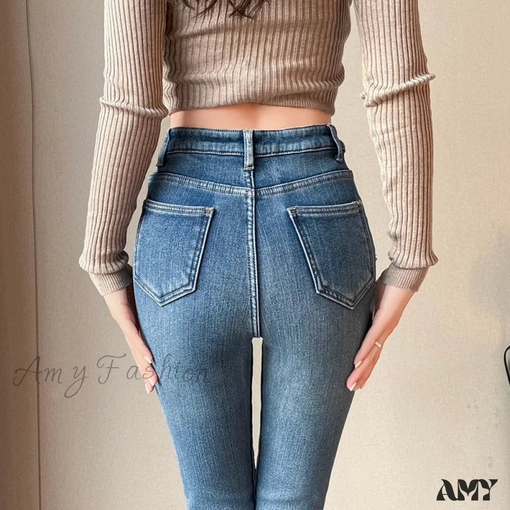 Rolled Shorts Jeans for Style -Amy Fashion - Winter Warm Plush Stretch Thermal Fleece Retro Thicken High Waist Jean