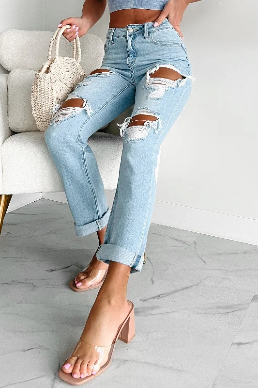 Flare Jeans for Retro Vibe -Sabrina High Rise Distressed Boyfriend Jeans (Light Wash)