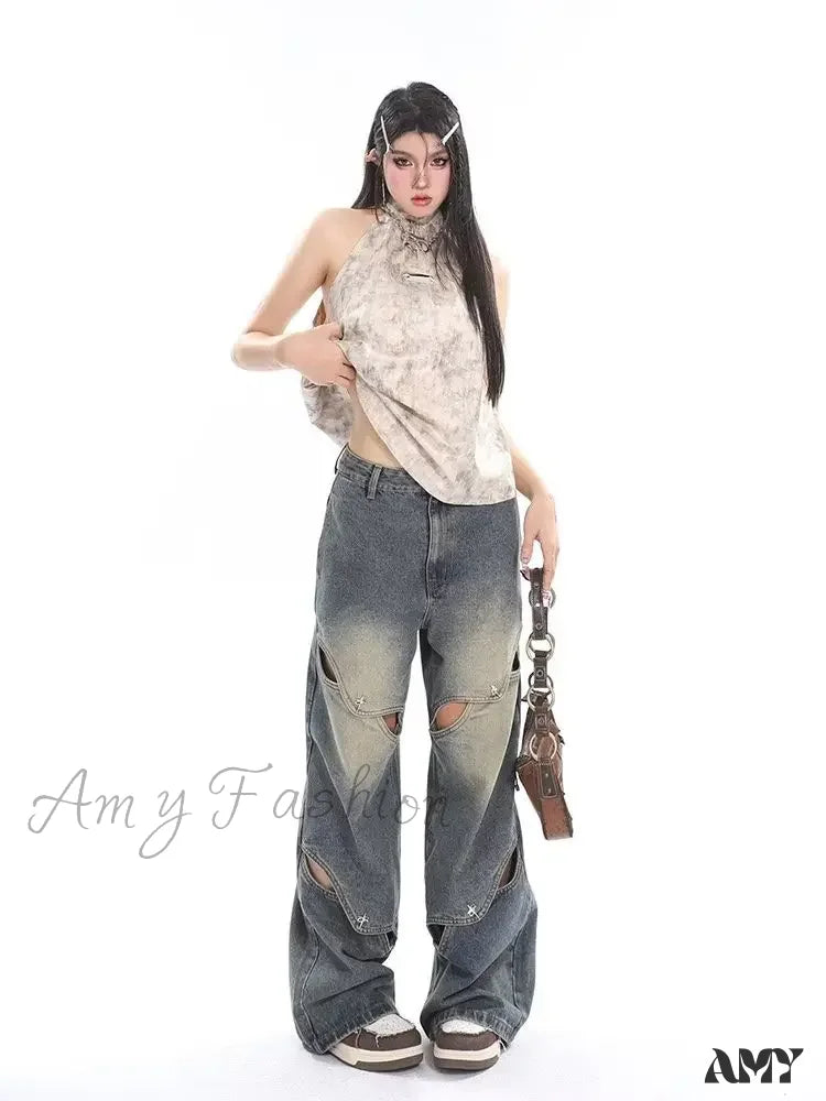 Belt Loops Jeans for Accessorizing -Amy Fashion - Small Crowd Deconstruction Design Sense High Street Wide Leg Trendy Brand Women's Jean