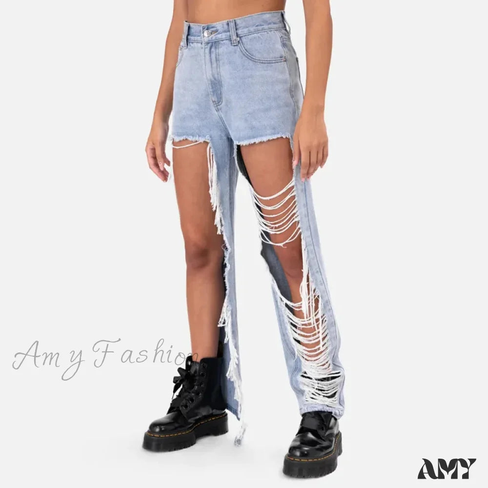 Acid Wash Jeans for Vintage -Amy Fashion - New Personalized Holes Woman Summer Waisted Streetwear Straight Wide Jean