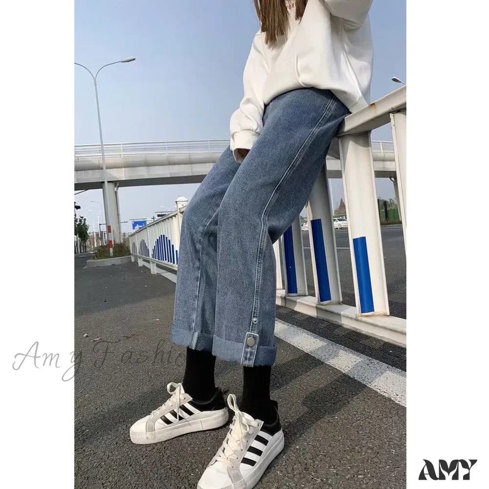 Stonewashed Jeans for Softness -Amy Fashion - Women Pant Woman High Waist Denim Pants Wide Leg Denim Clothing Blue Vintage Quality Fashion Straight Jean