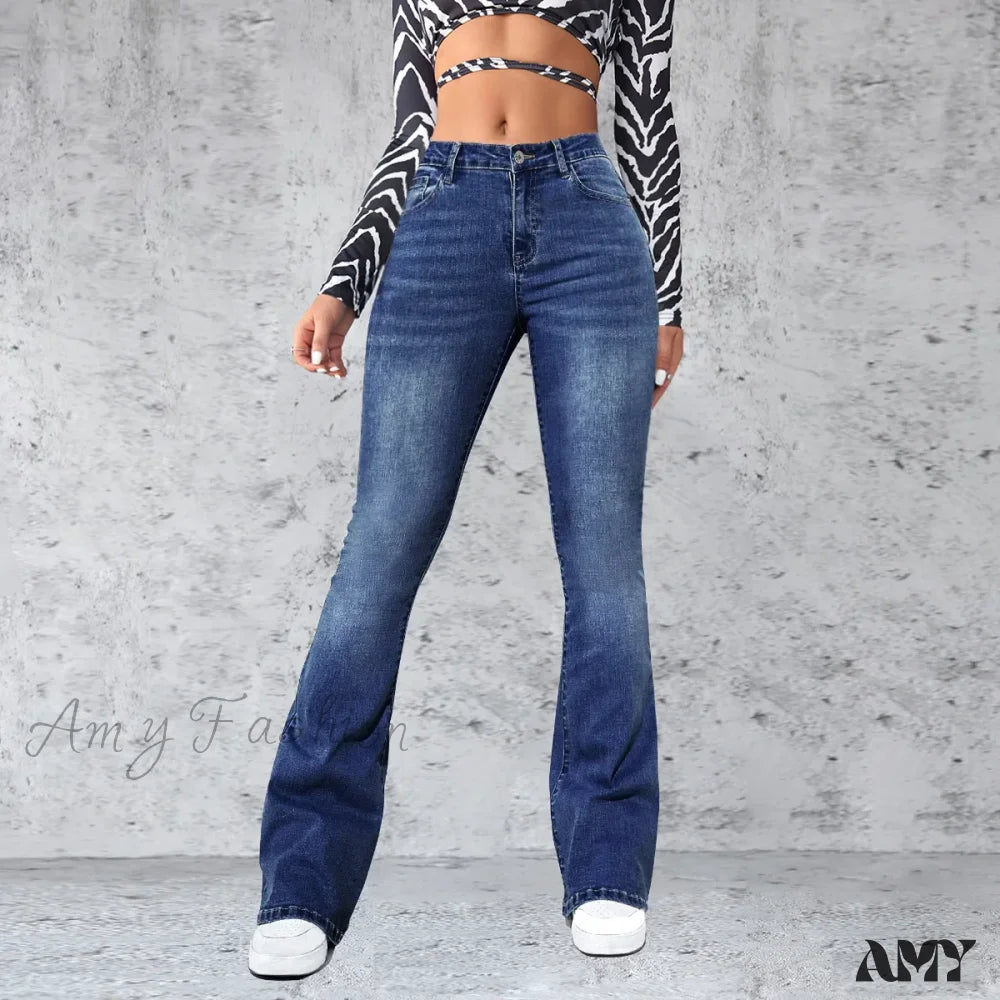 Christmas Jeans for Seasonal -Amy Fashion - Stretch Slim Retro High Waist Stitched Washed Bell-Bottom Denim Jean