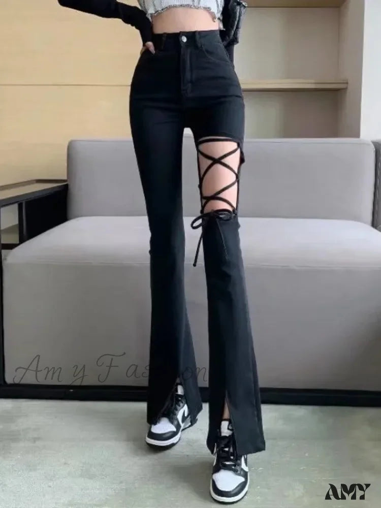 Studded Jeans for Punk -Amy Fashion - Black Ripped High-waisted Wide-leg Summer Thin Drape Ice Silk Strap Micro Flared Feynzz's Jean