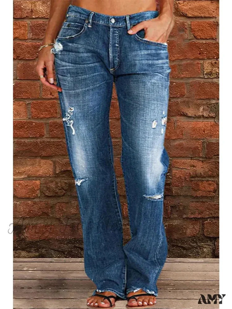 Frayed Hem Jeans for Edgy -Amy Fashion - Vintage Middle-Waist Ripped Straight Blue Wide-Leg Denim Jean