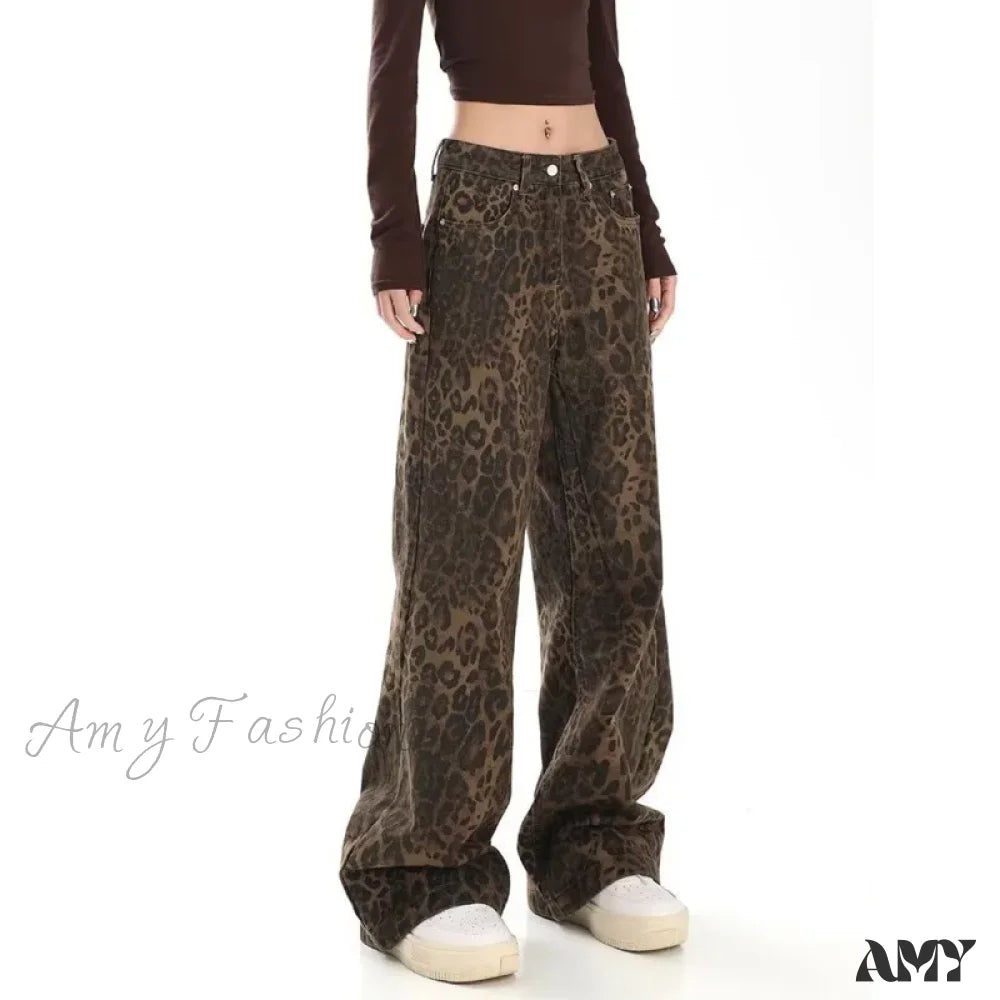 Black Jeans for Formal Look -Amy Fashion - Trendy Autumnal American Retro Leopard Print Niche Design Casual Straight Wide-Leg Pants Jean