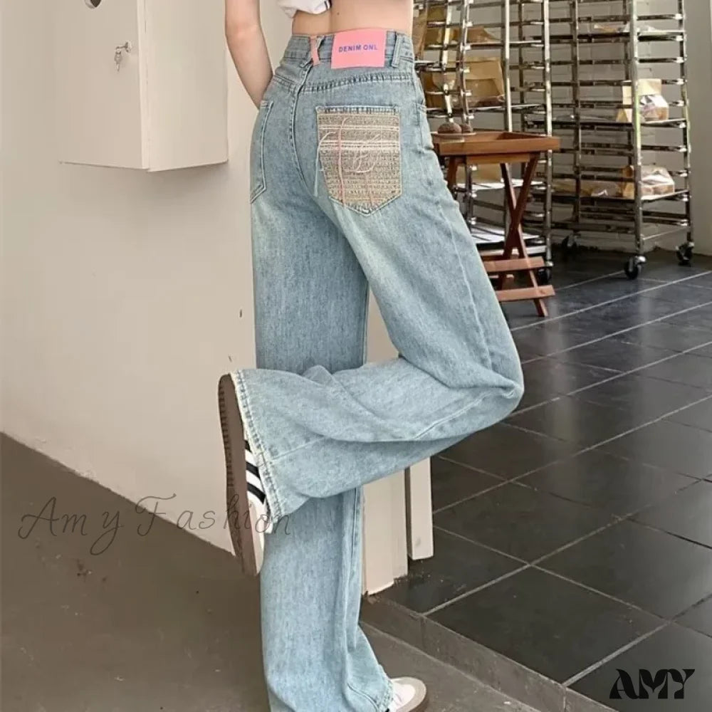 Straight Jeans for Classic Style -Amy Fashion - Baby Blue Loose Straight Thin Summer Tassel Versatile Trend Women's Jean