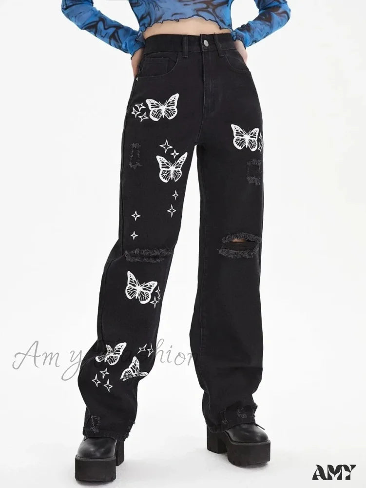 Maxi Skirt Jeans for Elegant -Amy Fashion - New Butterfly Print Ripped High Waist Loose Straight Cotton Streetwear Jean