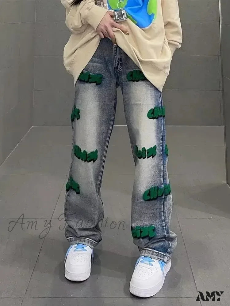 Back Pocket Jeans for Design -Amy Fashion - Hiphop Flocking Autumn Wide-leg Embroidery Fashion High Street Style Pants Jean