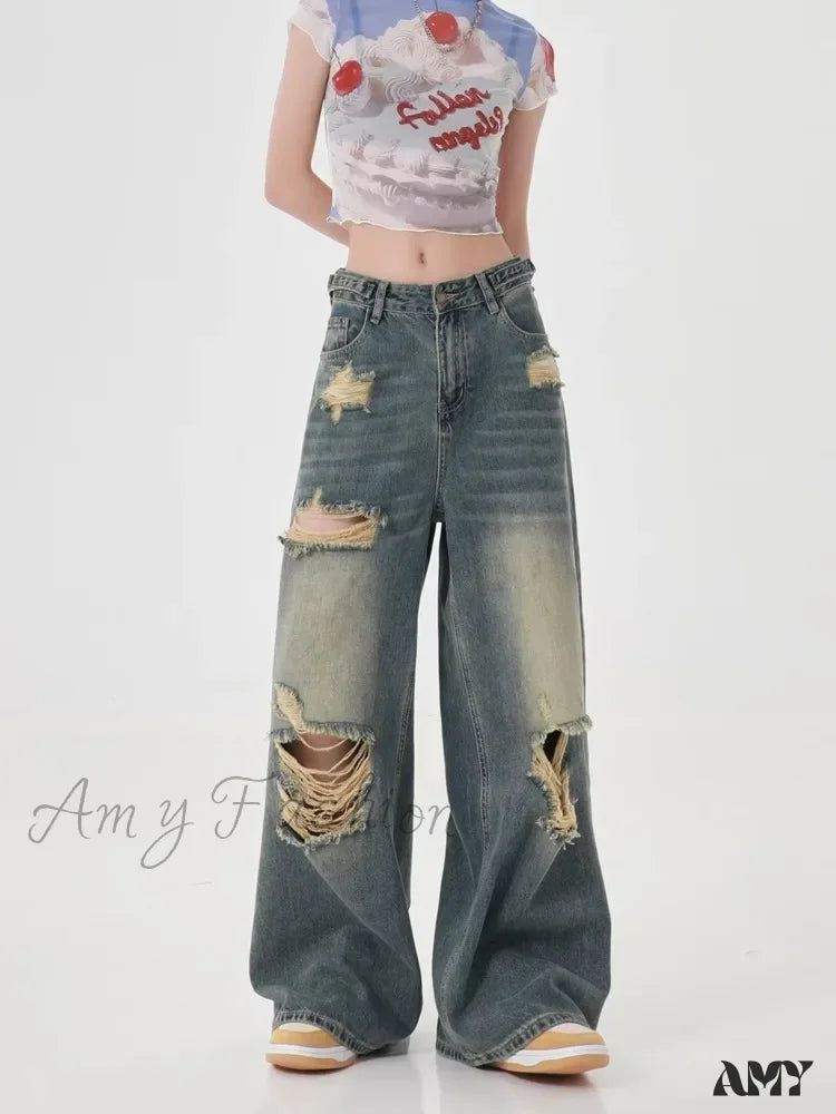 Hunting Jeans for Woods -Amy Fashion - Perforated Women's Summer New INS Fashion Brand Straight Tube Loose Sweeping High Street Jean