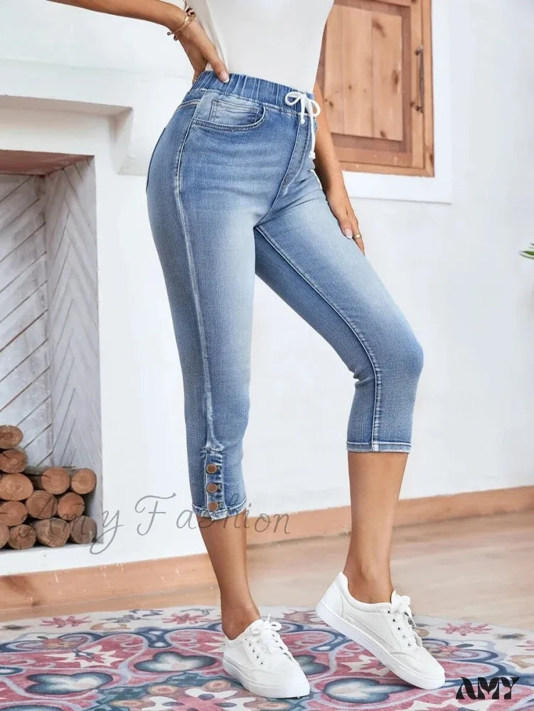 Mom Jeans for Vintage Appeal -Amy Fashion - Elastic Waist Calf-Length Summer Casual Skinny Fashion High Slim Jean