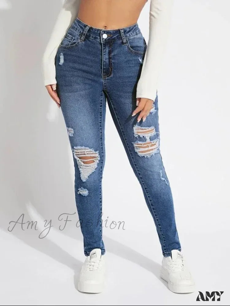 Dark Wash Jeans for Elegance -Amy Fashion - Stretch Skinny High Waist Ripped Butt Lifting Casual Slim Denim Jean