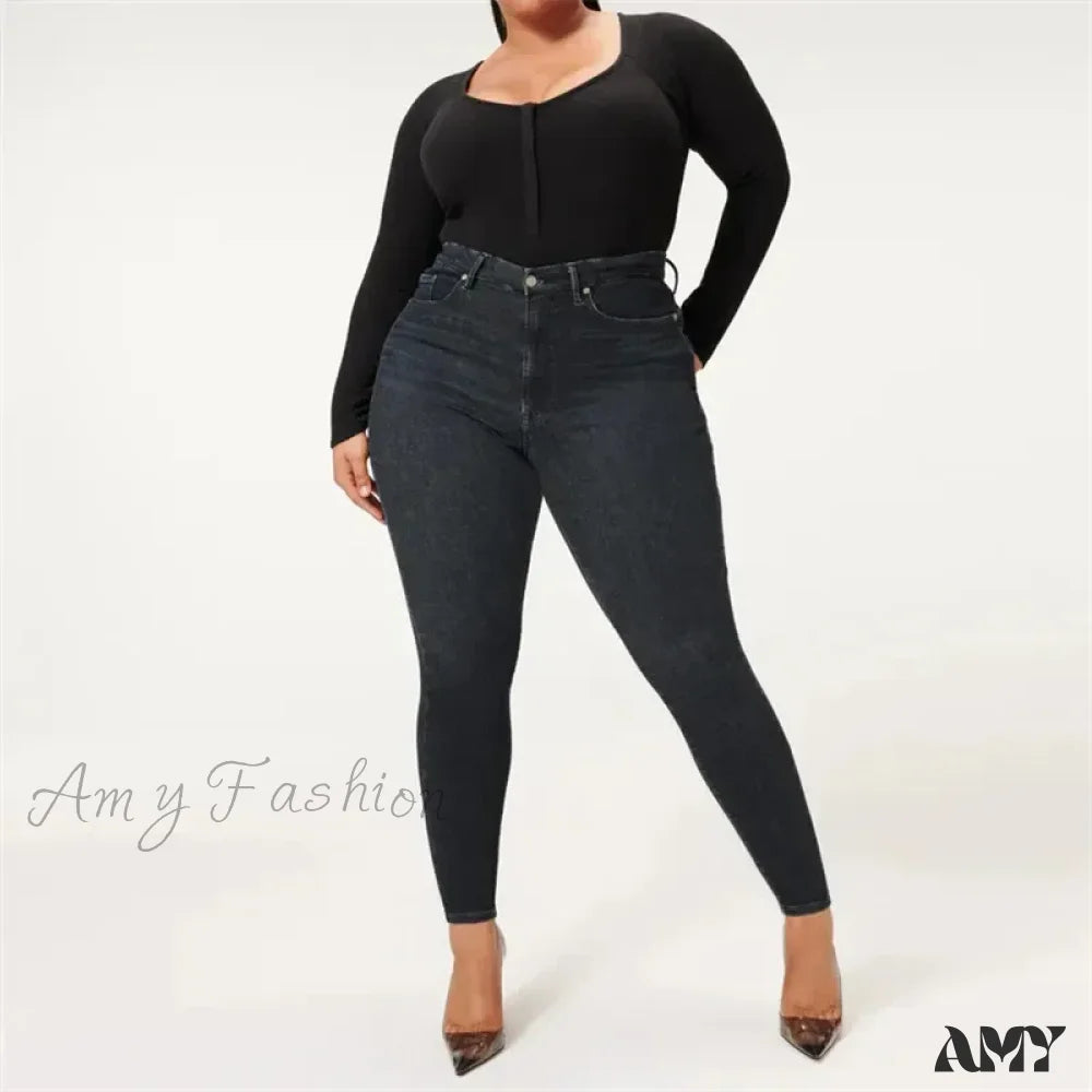 School Jeans for Uniform -Amy Fashion - High Stretchy Skinny Full Length Plus Size Curvy Fitting Fashionable Pencil Jean