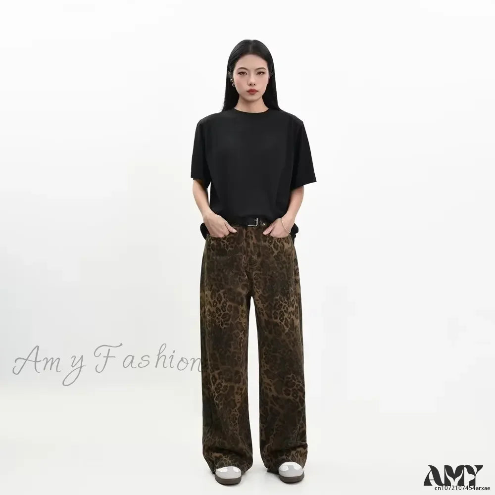 Leather Trim Jeans for Luxury -Leopard Print Retro Straight Tube Baggy Fashion Y2K New Winter Jeans