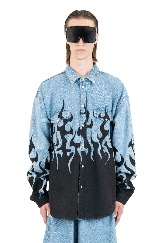 Shorts Jeans for Hot Days -Vetements Flame Print Denim Shirt in Light Blue