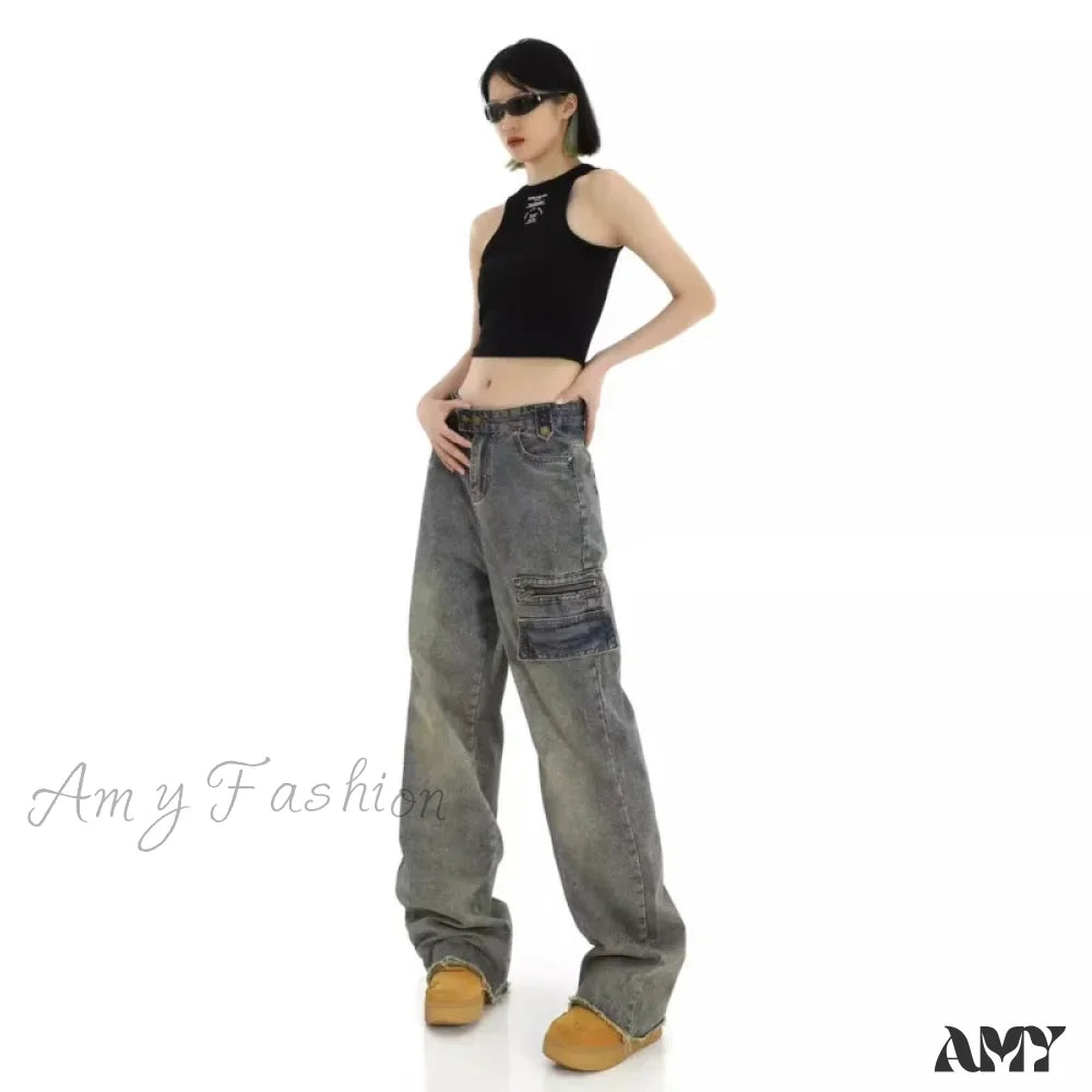 Weekend Jeans for Lazy -Amy Fashion - Unique Design Straight Pocket Floor Long Retro High Waisted Workwear Summer Women's Jean