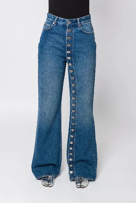 Wide Leg Jeans for Comfort -Jean Paul Gaultier Denim Jean with One Leg Buttons Detail