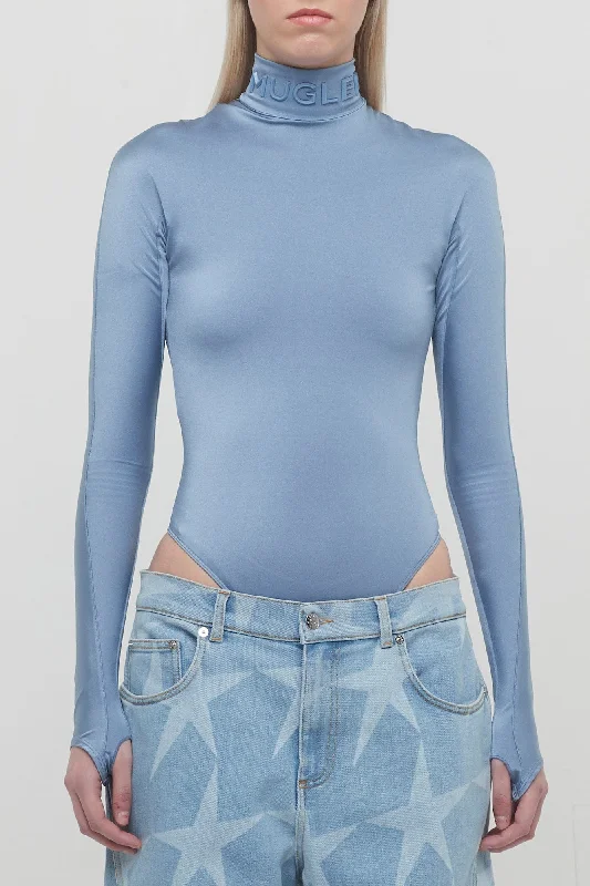 Cuffed Jeans for Stylish Touch -Mugler Shiny Lycra Body in Silver Blue