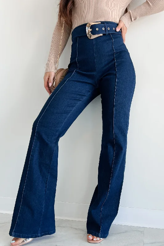 Back Pocket Jeans for Design -Fredericka Belted Denim High Waist Pants (Dark Wash)