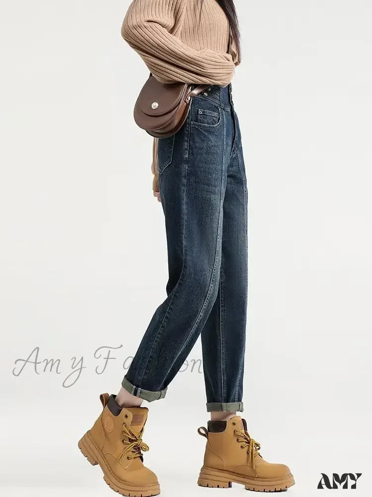 Cropped Jeans for Summer Look -Amy Fashion - Versatile Light Color Thickened New Long Straight Art Natural Waist Fashion Jean