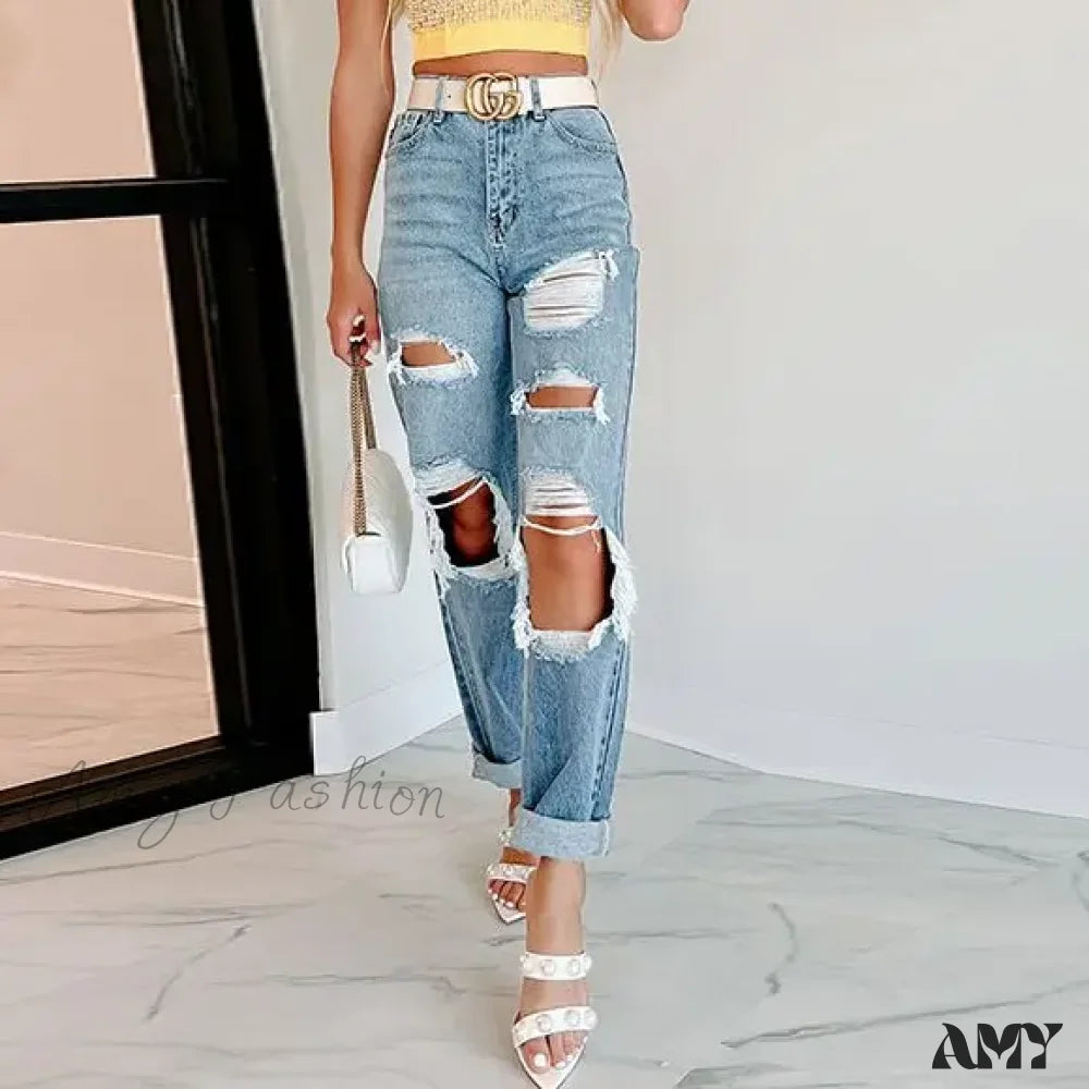 Club Jeans for Social -Amy Fashion - Trendy Blue High Waist Ripped Streetwear Casual Denim Jean