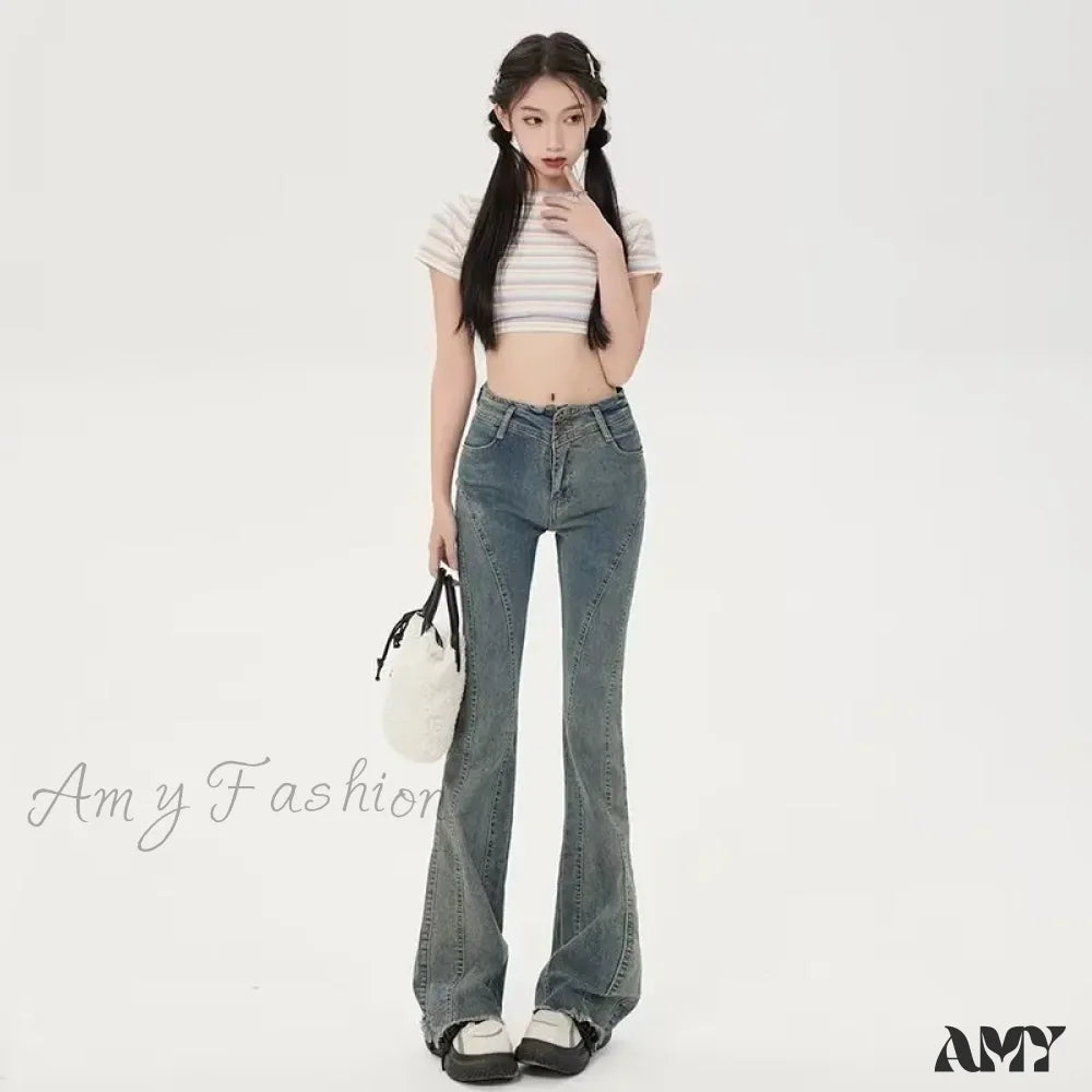 Raw Hem Jeans for Trendy -Amy Fashion - Small American Retro Micro Flared High Waisted Slim Versatile Floor Mop Jean