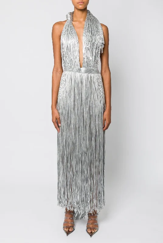 Decorated Back Pocket Jeans for Style -Area Metallic Fringe Halter Midi Dress