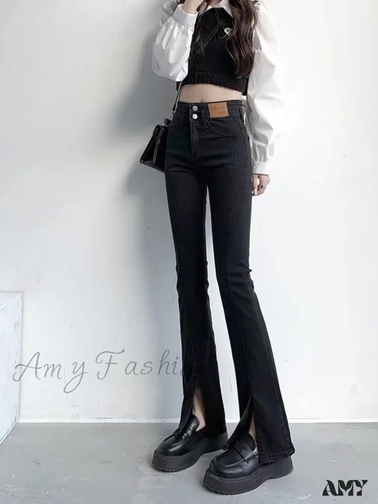 Dark Wash Jeans for Elegance -Amy Fashion - Feynzz's Split Spring And Autumn New High-waisted Slim Fit Micro-trumpet Trendy Women's Jean