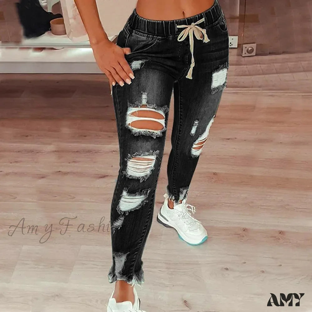 Denim Jeans for Durability -Amy Fashion - Stretch High Waist Ripped Washed Slim Skinny Pencil Denim Jean