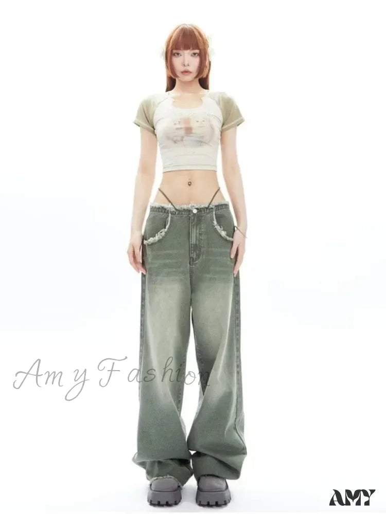 Side Pocket Jeans for Extra -Amy Fashion - Vintage Green Wide Leg High Street High Waisted Drape Straight Leg Vintage Women's Jean