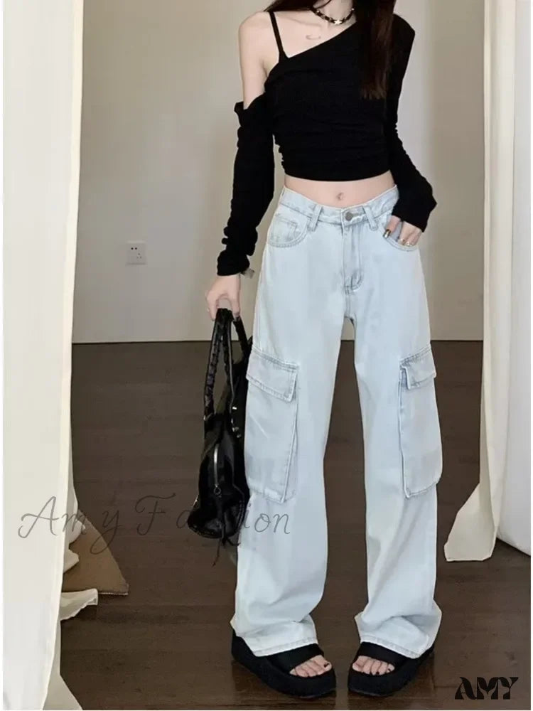 Leather Trim Jeans for Luxury -Amy Fashion - New Vintage Harajuku Aesthetic Clothing Autumn Baggy Fashion Clothes for Teenagers Women's Jean