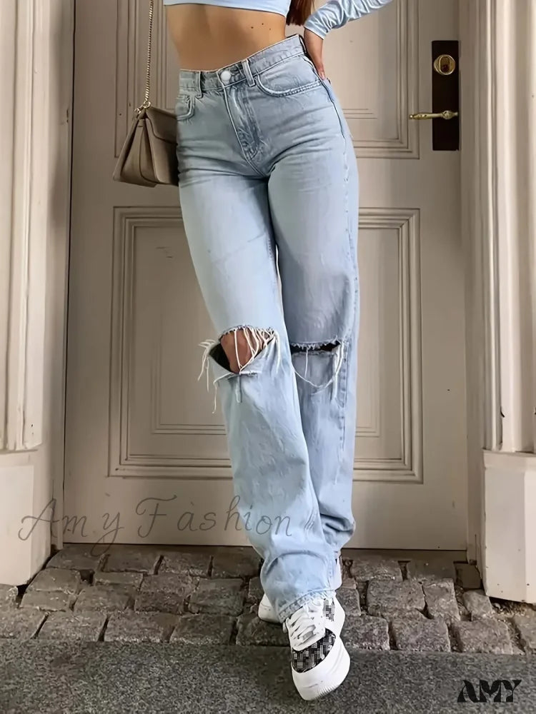 Stretch Jeans for Flexibility -Ripped Holes Loose Fit Casual Non-Stretch Slant Pockets Denim Vintage Comfortable Jean