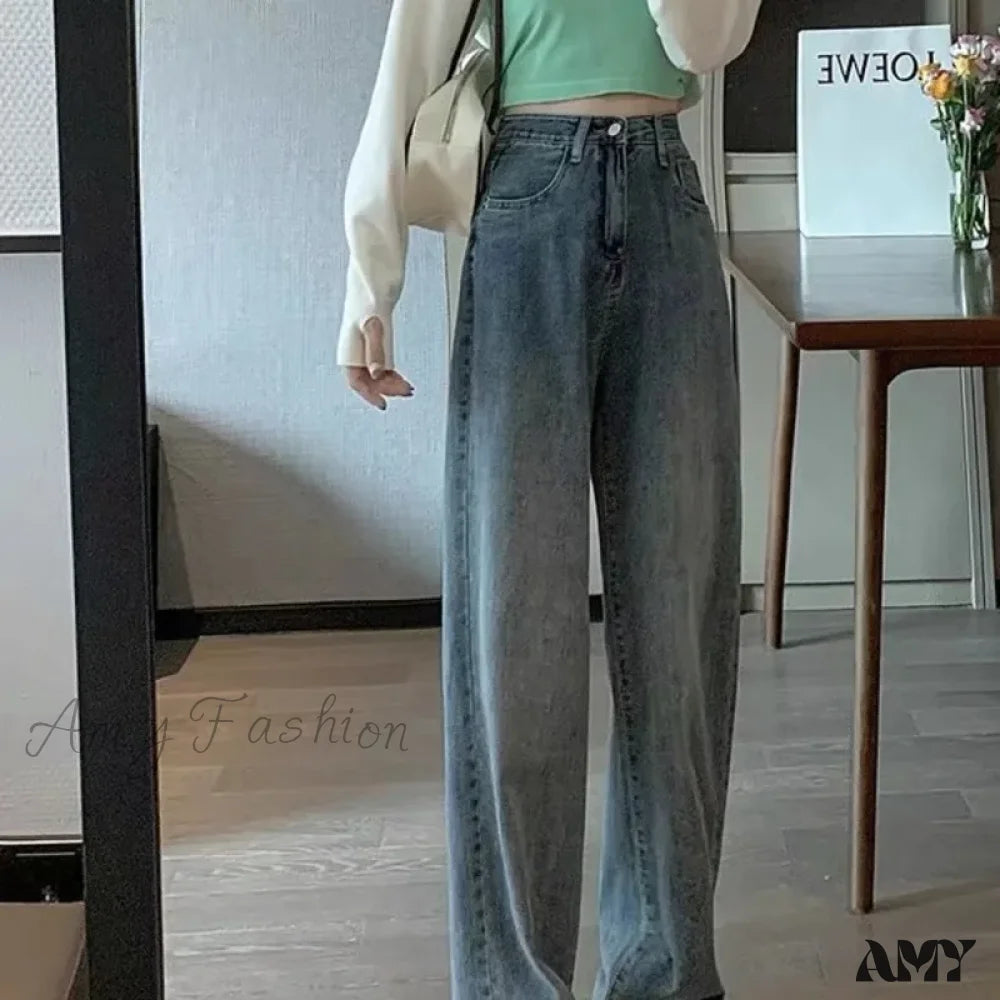 Belt Loops Jeans for Accessorizing -Amy Fashion - High Quality Vintage Blue Wide-Leg Straight Fashion Jean