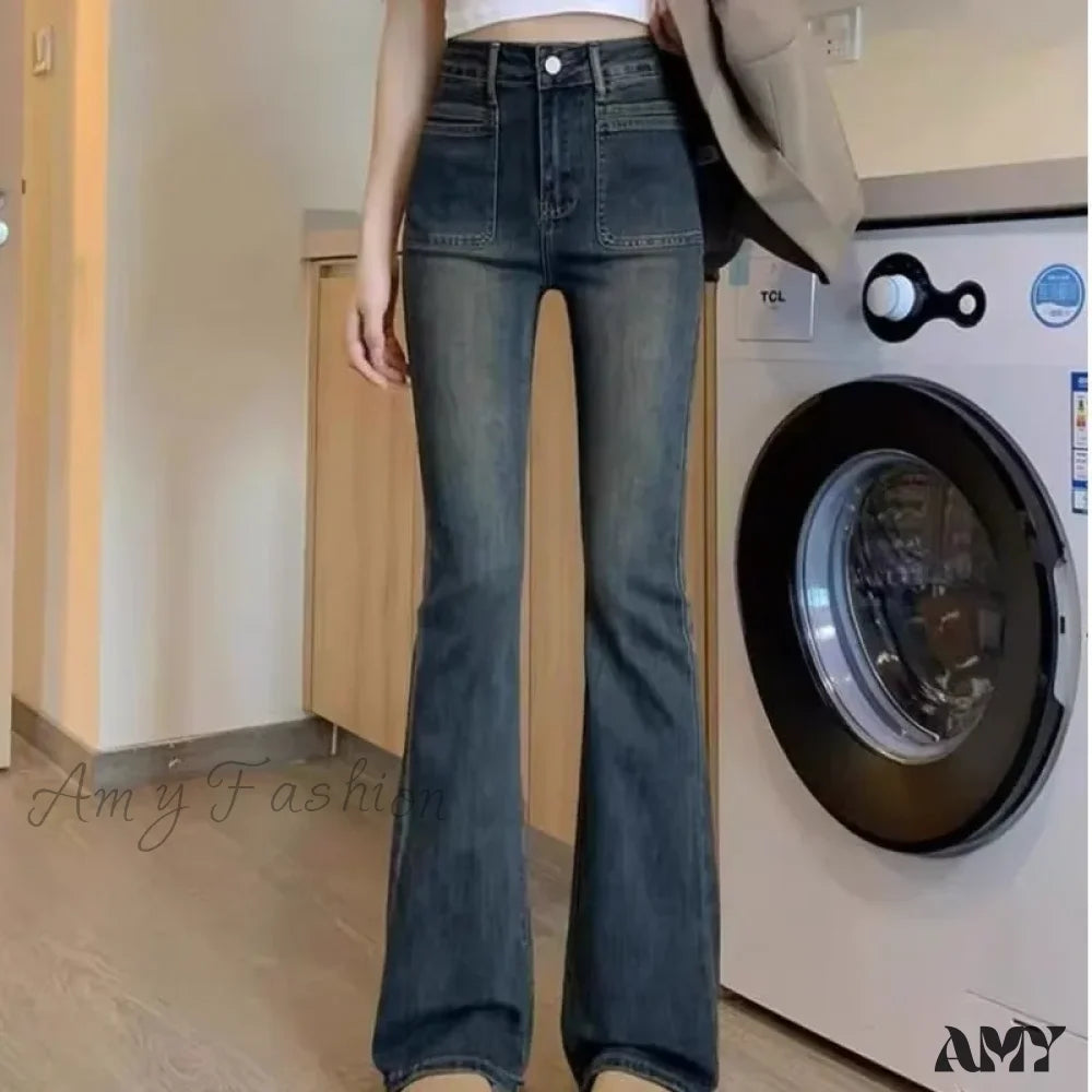 Amy Fashion - New Design Sense High Waist Micro Flared Plush Slim Long High Wide Leg Jean