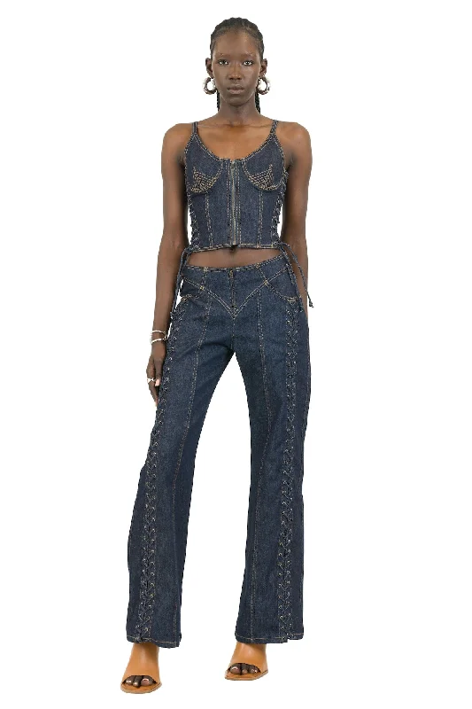 High-end Jeans for Exclusivity -Jean Paul Gaultier Corset with Top Stitches Details in Indigo