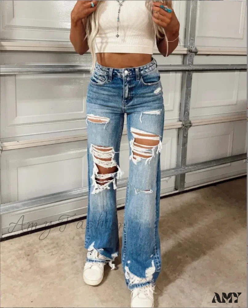 Mom Jeans for Vintage Appeal -Amy Fashion - Women High Waist Loose Casual Ripped Hole Straight Pants 2024 Autumn New Drop Shipping Jean