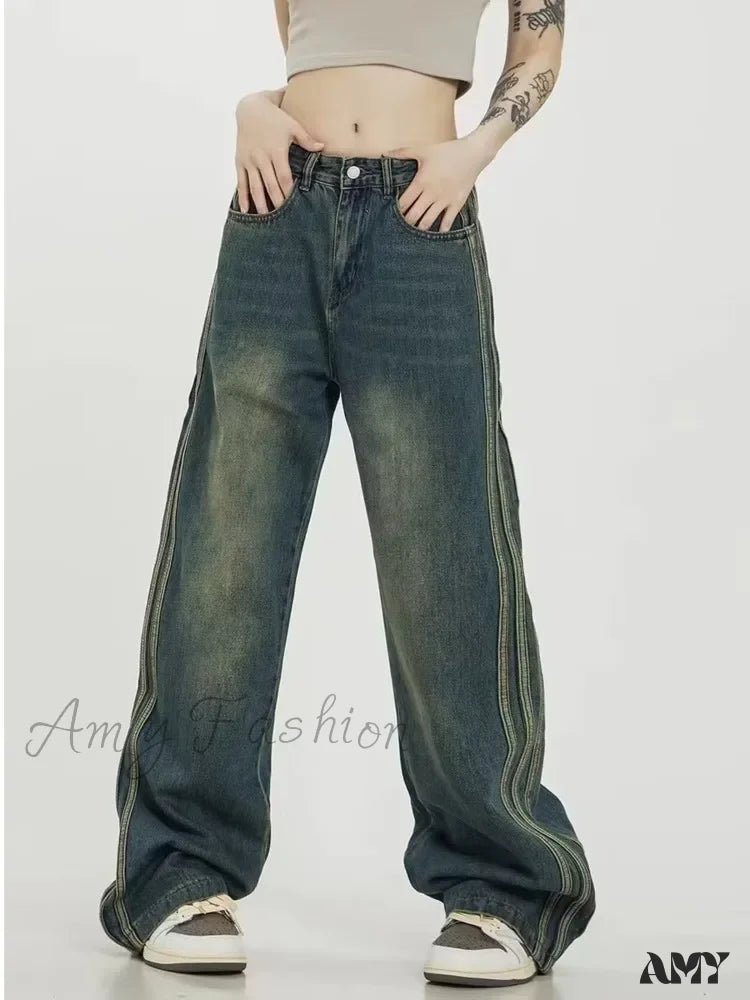 Slim Boyfriend Jeans for Hybrid -Amy Fashion - Sweeping Floor Spicy Girl Small Loose High Waisted Straight Leg Wide-Leg Jean