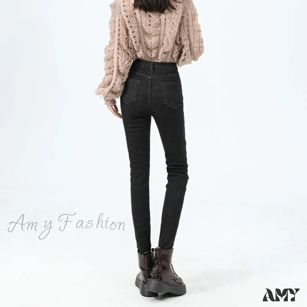 Mini Shorts Jeans for Youthful -Amy Fashion - Velvet Warm Skinny Pencil Thickened High Waist Casual Slim Denim Jean