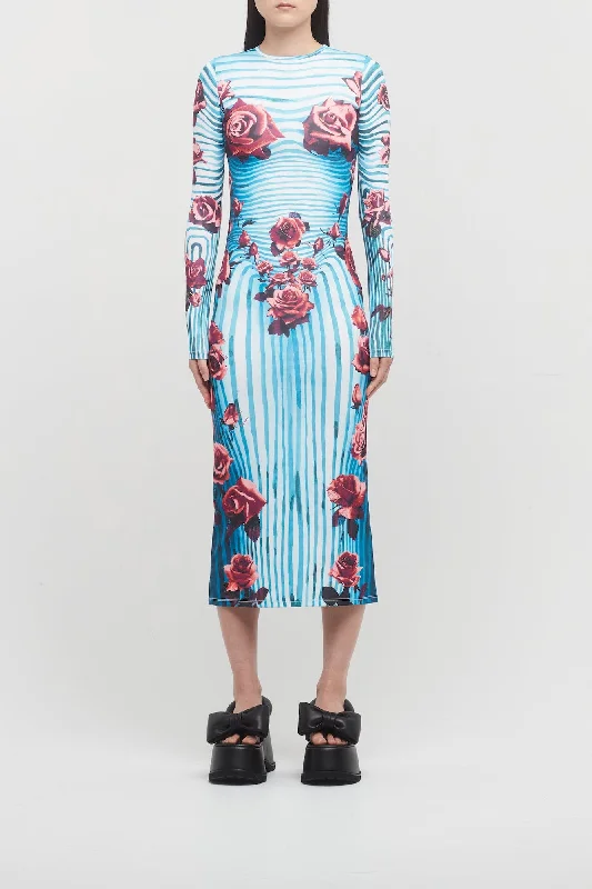 Business Jeans for Dressy -Jean Paul Gaultier Jersey Long Sleeves Dress in Body Morphing Flowers