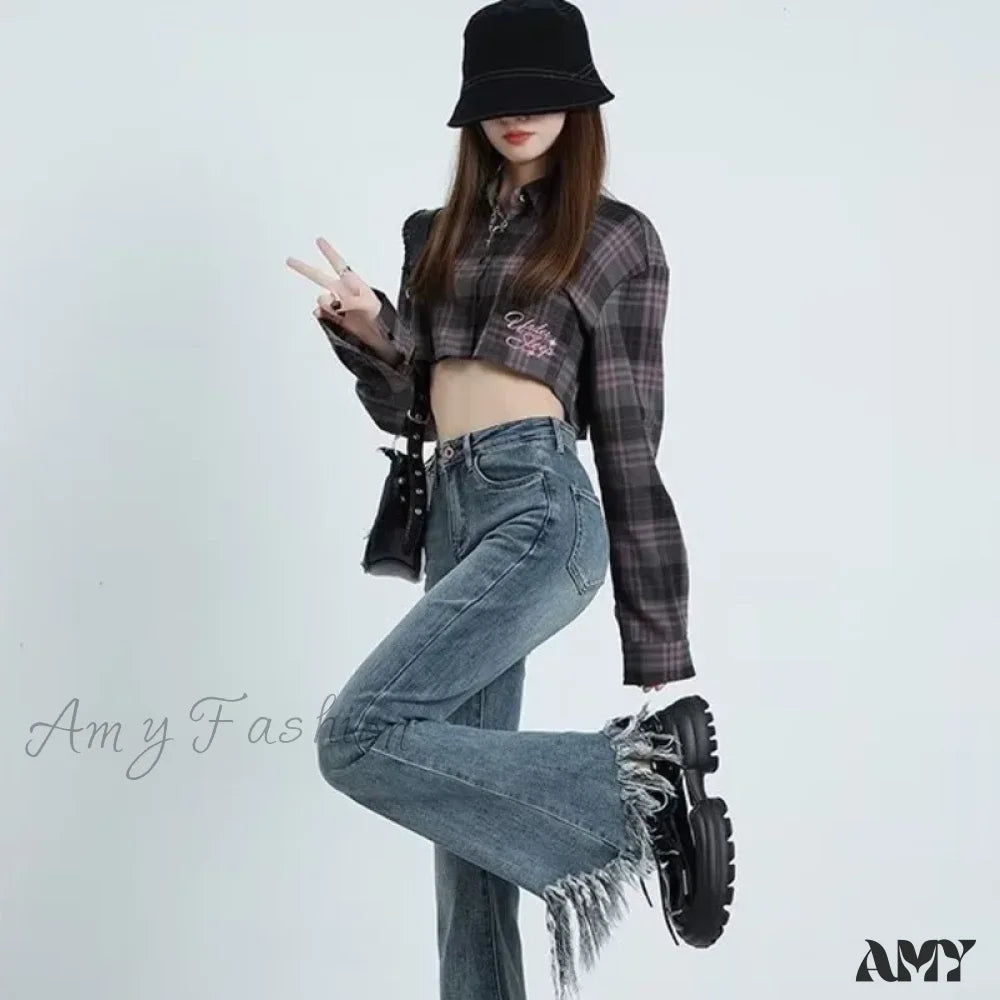 High Waisted Jeans for Shape -Amy Fashion - Spring And Autumn Vintage Blue Tassel Elastic Horseshoe Rugged Edge Micro Horn Jean