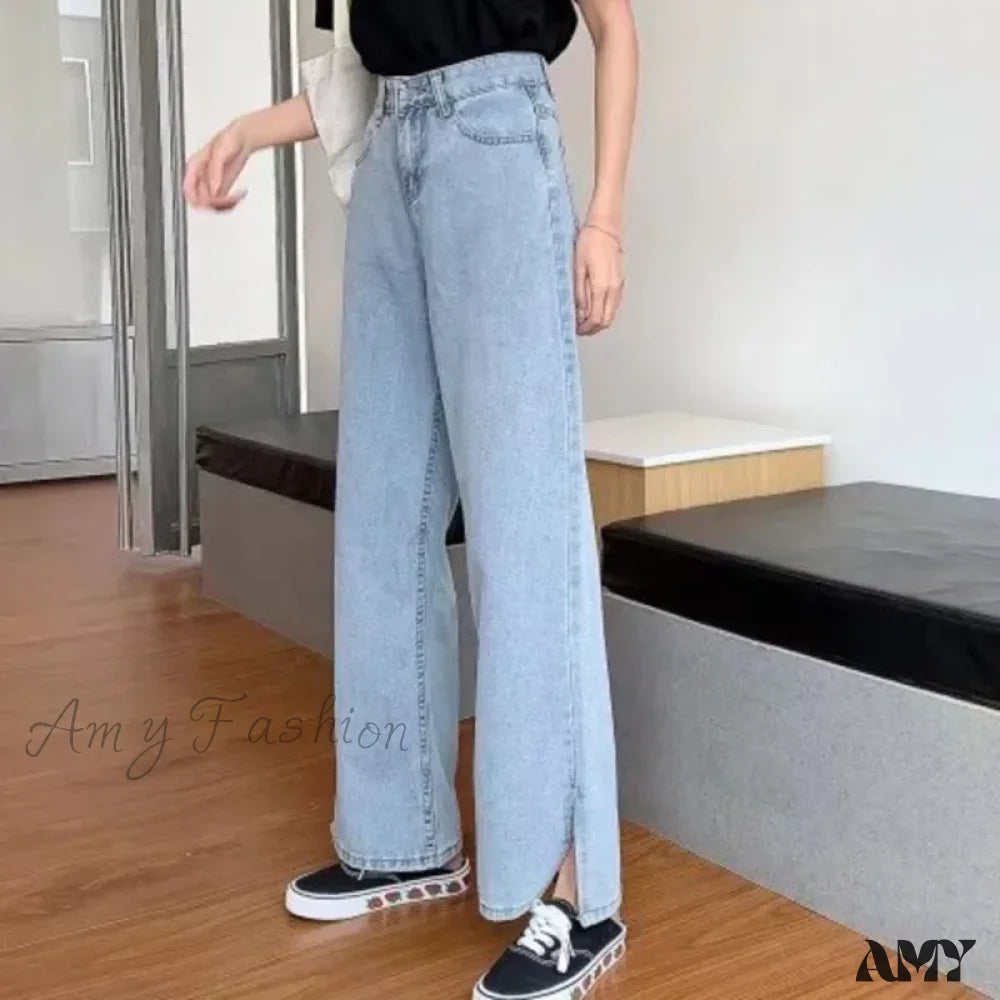 Cycling Jeans for Biking -Amy Fashion - Women Pant Woman High Waist Denim Pants Wide Leg Denim Clothing Blue Vintage Quality Fashion Straight Jean