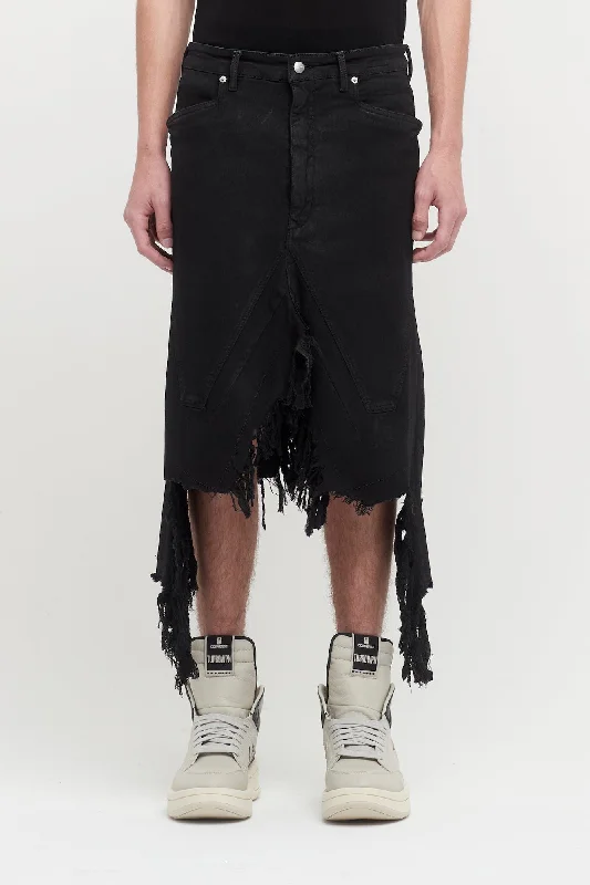 Zipper Fly Jeans for Convenience -Rick Owens Slivered Mens Skirt in Black Shredded Denim