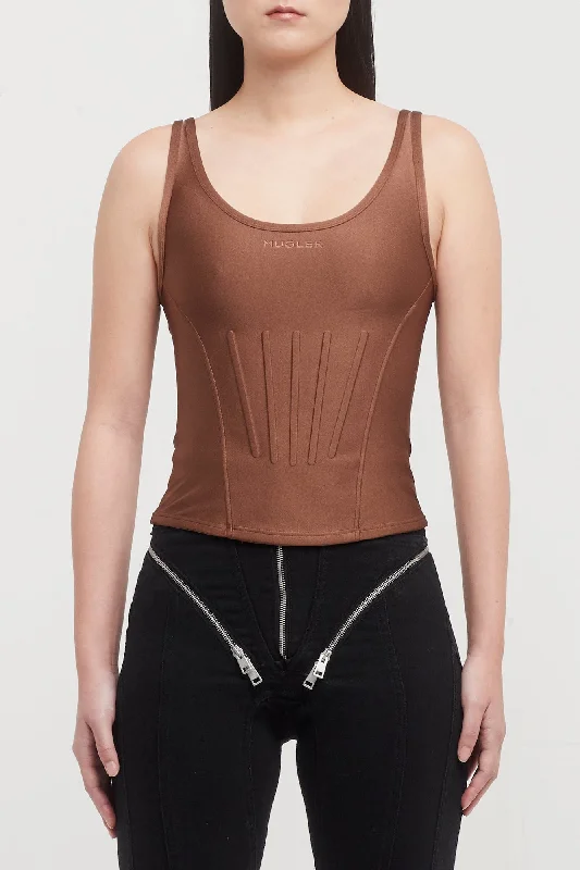 Tapered Jeans for Modern -Mugler Shiny Lycra Corseted Tank Top in Cinnamon