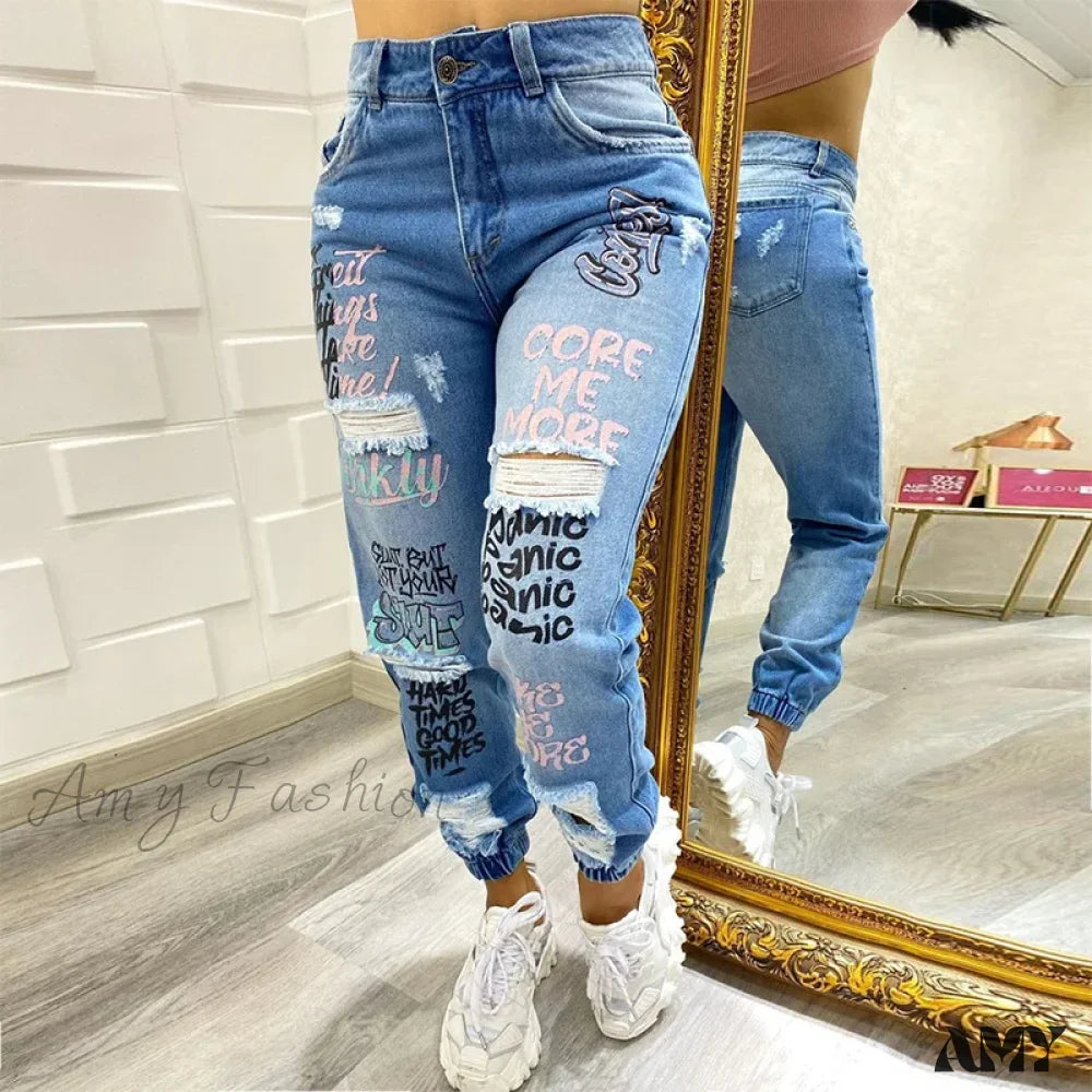 Wedding Jeans for Casual -Amy Fashion - Letter Print Ripped New Casual Denim Jean