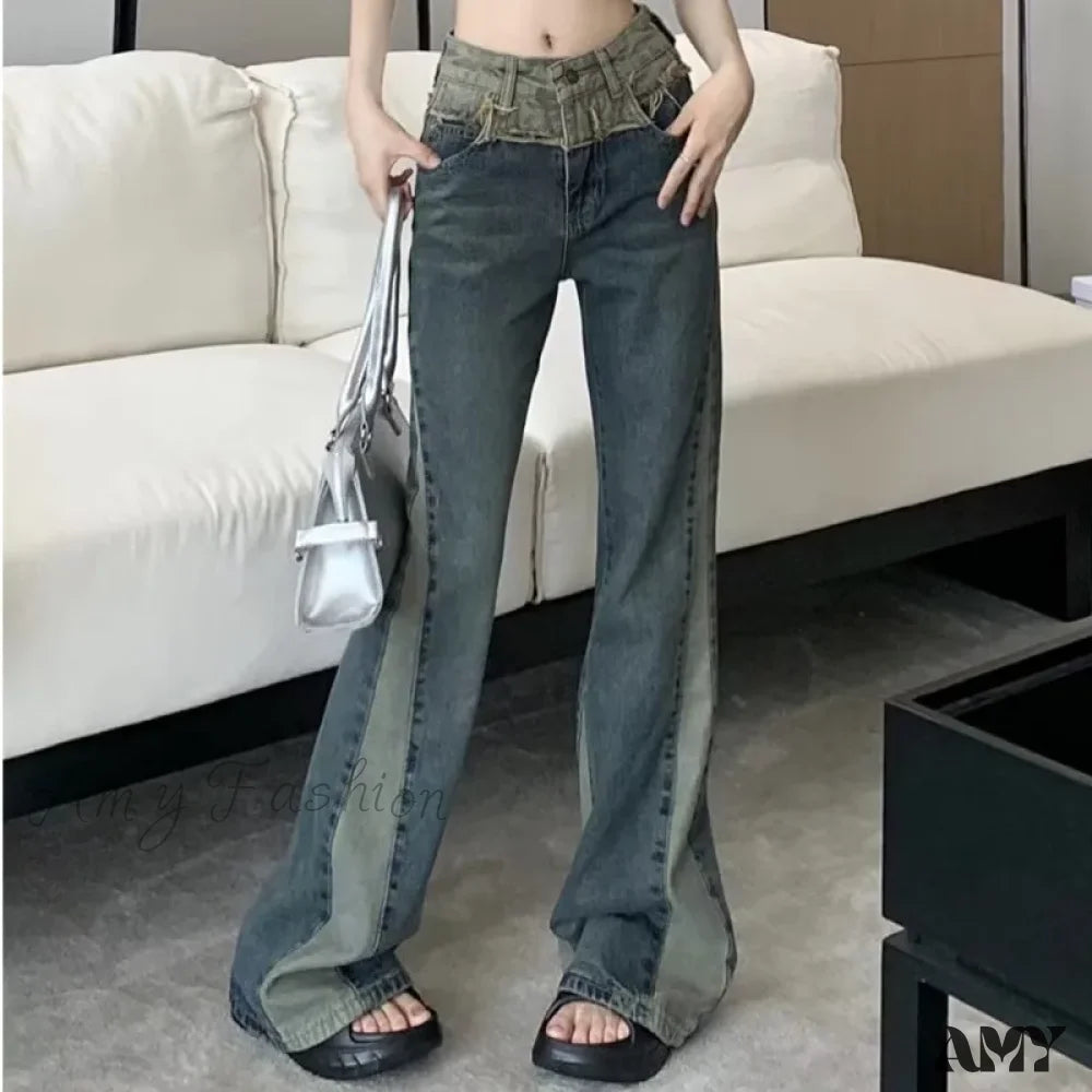 Wide Leg Jeans for Comfort -Amy Fashion - New Splice Slim Raglan Spice Girls High Waist Design Sense Small Public Show Thin Flare Jean