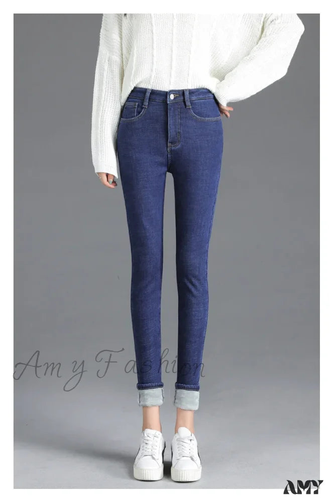 Cuffed Jeans for Stylish Touch -Amy Fashion - Thickened High Waist Warm Casual Slim Stretch Denim Plus Velvet Jean