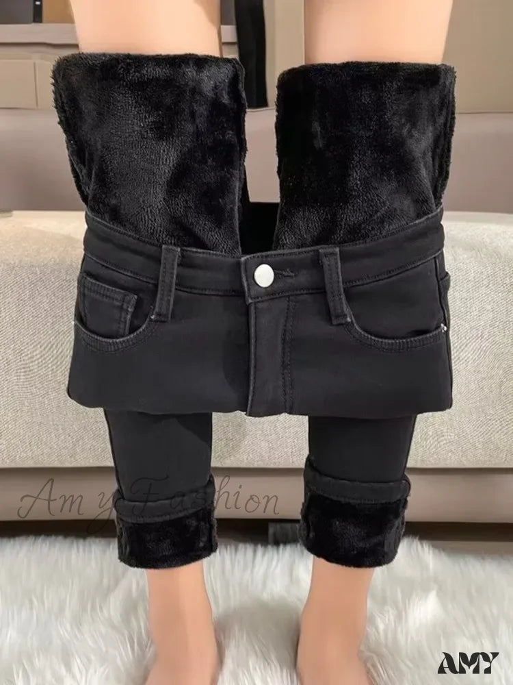 Rolled Shorts Jeans for Style -Amy Fashion - Thickened Plush High Waist Elastic Slim Pencil Winter Wool Insulation Fur Plush Jean