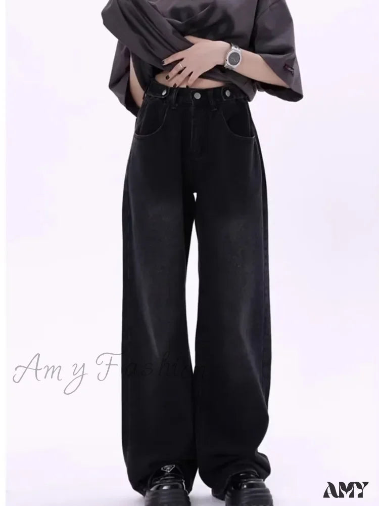 Dark Wash Jeans for Elegance -Amy Fashion - Super Soft Thin High Street Slim Loose Autumn New High Waist Wide Leg Women's Jean