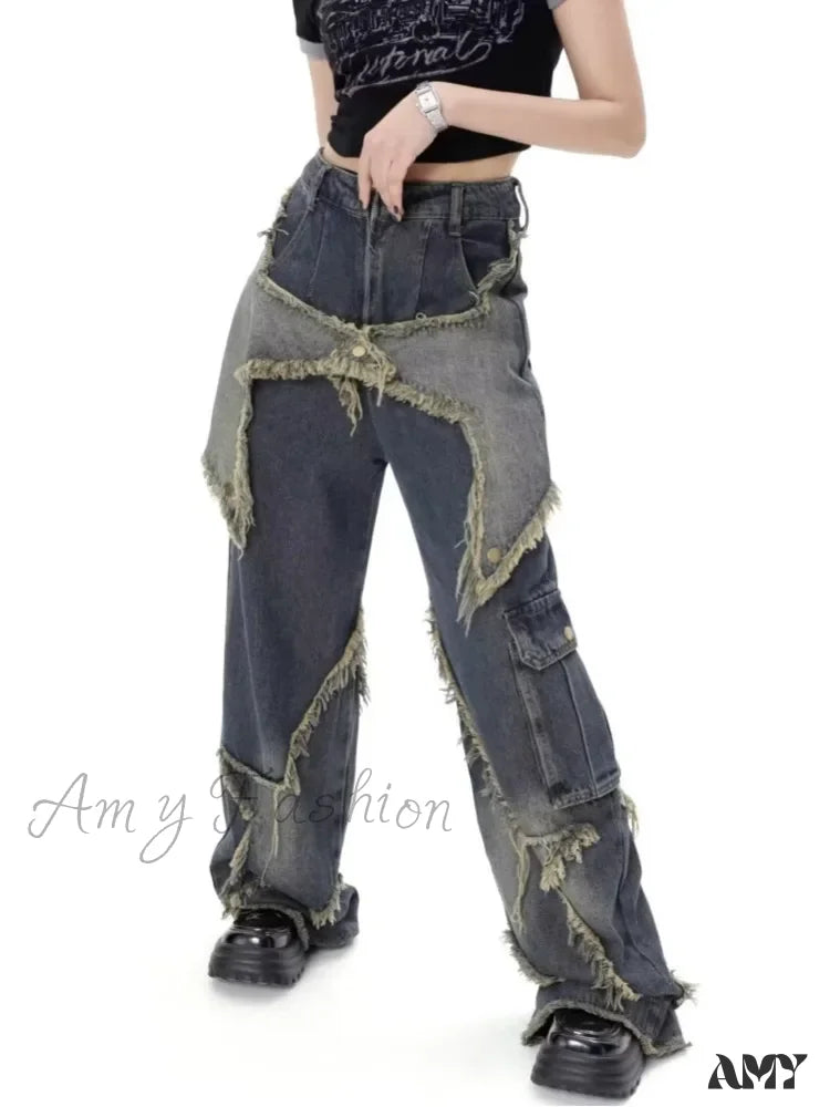 Cuffed Jeans for Stylish Touch -Amy Fashion - Super Beautiful Flower High Waist Summer Loose Wide Leg Vintage Unique Versatile Straight Women's Jean