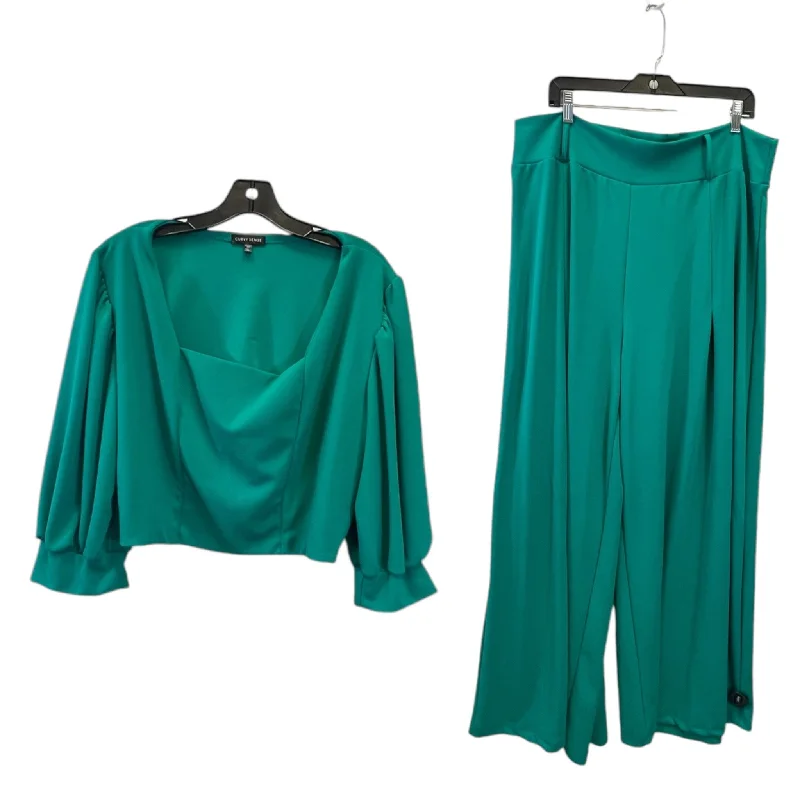 Flowy culottes pants for breezy summer style -Pants Suit 2pc By Curvy Sense In Green, Size: 3x