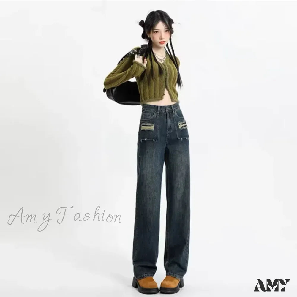 Colored Jeans for Variety -Amy Fashion - Summer New Design Sense High Waist Loose Fitting Slim Straight Pants Narrow Edition Wide Leg Jean